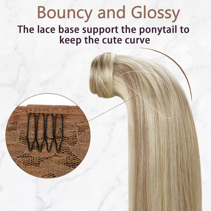 RUNATURE Ponytail Echthaar Blond Highlight 30cm Natürliche Clip in Extensions Echthaar Zopf Blond Un