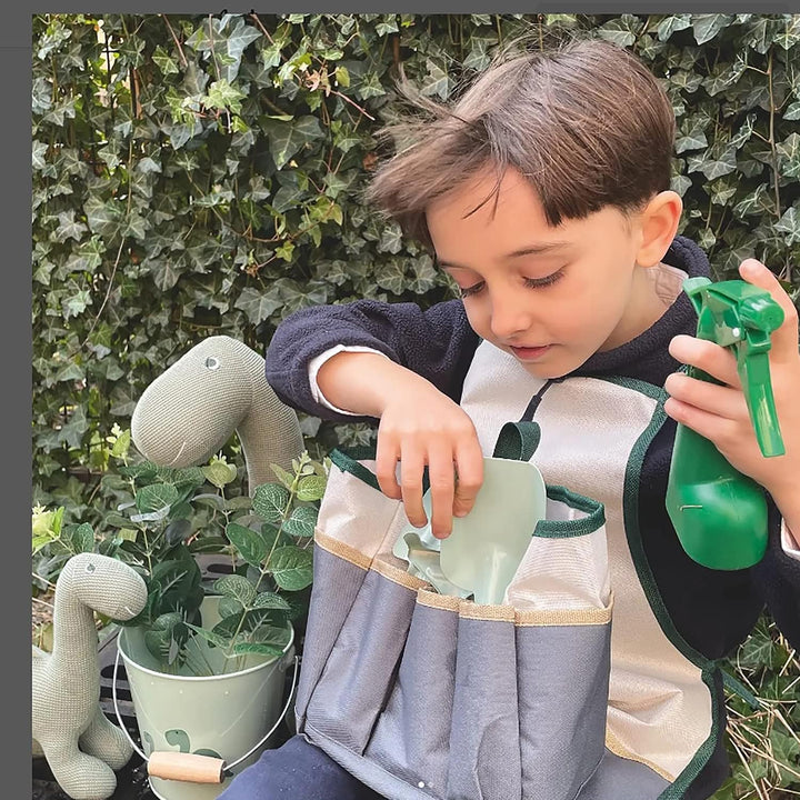 Krause & Sohn Schürze für Kinder inkl. Gartenwerkzeug 6-tlg. Gärtner-Set Hobbyschürze mit Dino-Motiv