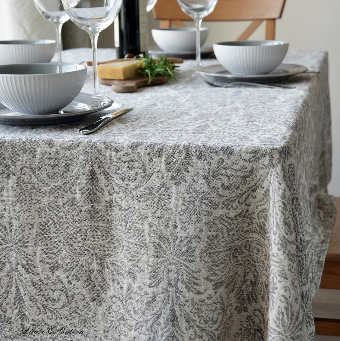 Linen &amp; Cotton Qualität Jacquard Damast Tischdecke Hercus - 53% Leinen, 47% Baumwolle, Weiss Weiss G