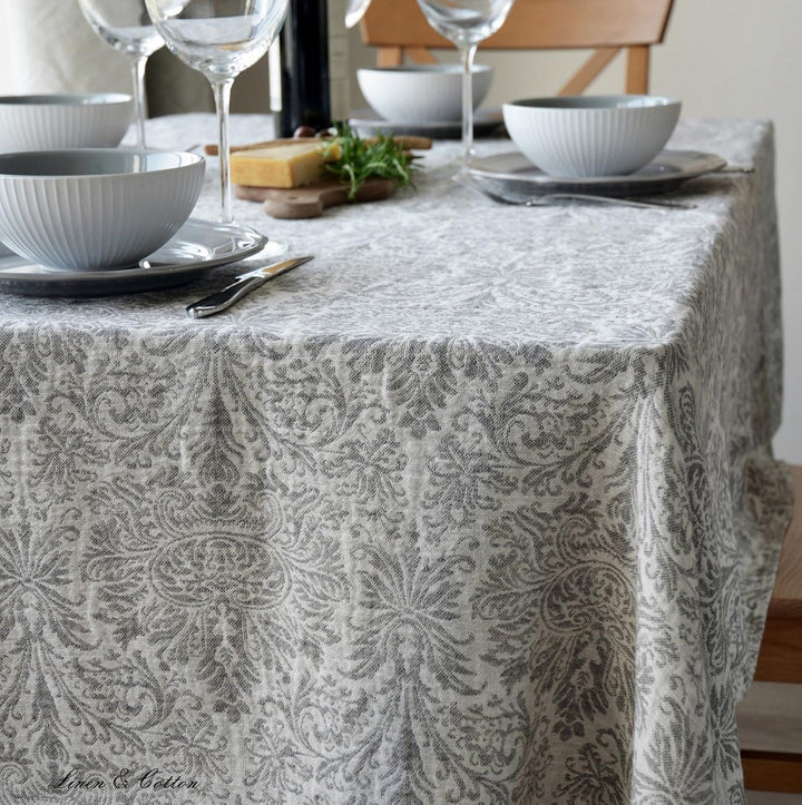Linen &amp; Cotton Qualität Jacquard Damast Tischdecke Hercus - 53% Leinen, 47% Baumwolle, Weiss Weiss G