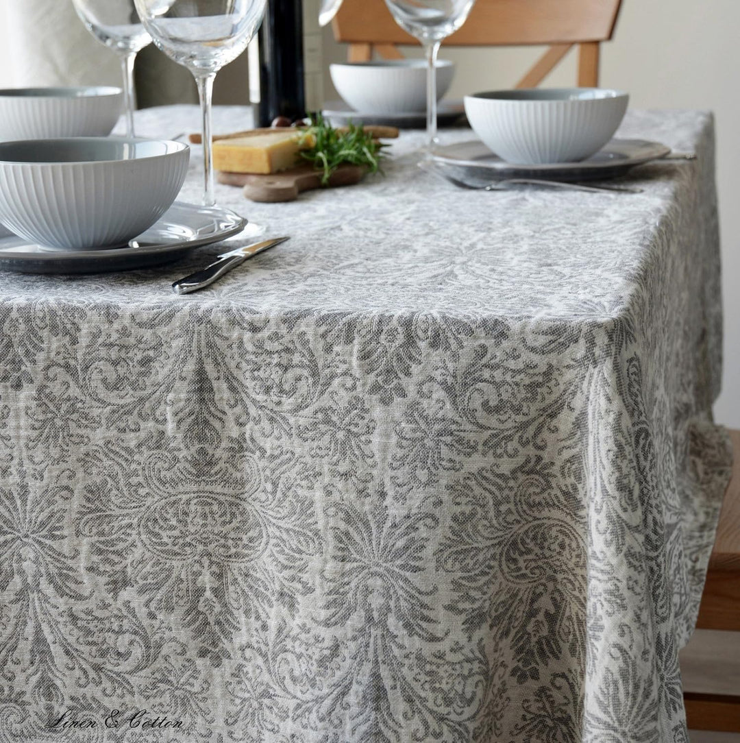 Linen & Cotton Qualität Jacquard Damast Tischdecke Hercus - 53% Leinen, 47% Baumwolle, Weiss Grau (1
