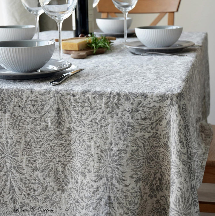 Linen & Cotton Qualität Jacquard Damast Tischdecke Hercus - 53% Leinen, 47% Baumwolle, Weiss Grau (1
