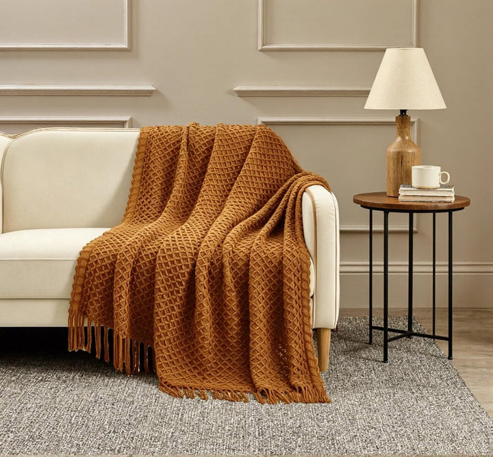 CREVENT Boho-Strickdecke im Landhausstil für Couch, Sofa, Sessel, Bett und Wohnkultur – weich, warm,