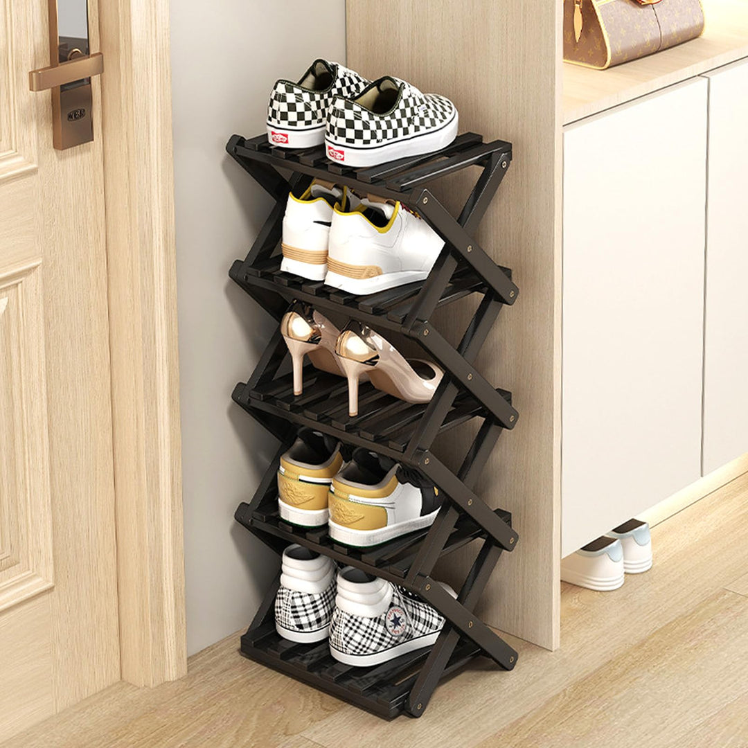 Kleines Schuhregal, schwarz, 5 Etagen, Bambus, faltbar, Schuh-Organizer, freistehendes Regal für Ein
