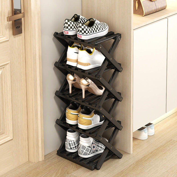 Kleines Schuhregal, schwarz, 5 Etagen, Bambus, faltbar, Schuh-Organizer, freistehendes Regal für Ein