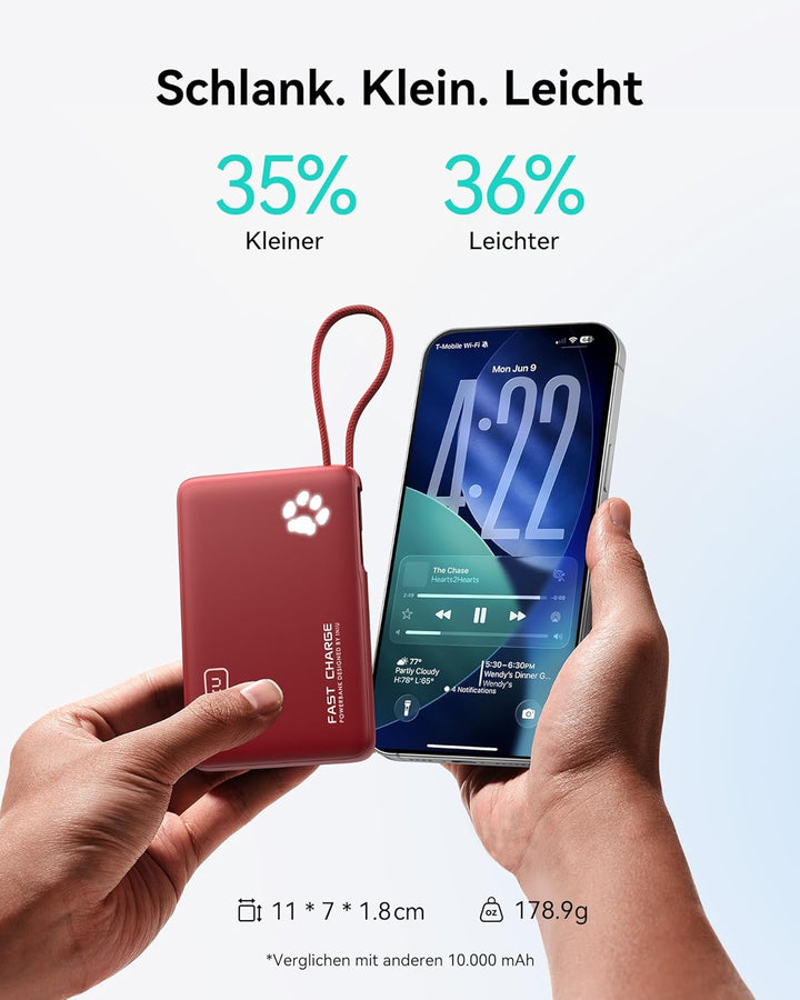 INIU 45W Power Bank, Mini-Grösse 10000mAh PowerBank mit Integriertem USB-C Kabel, Schnellladen Exter