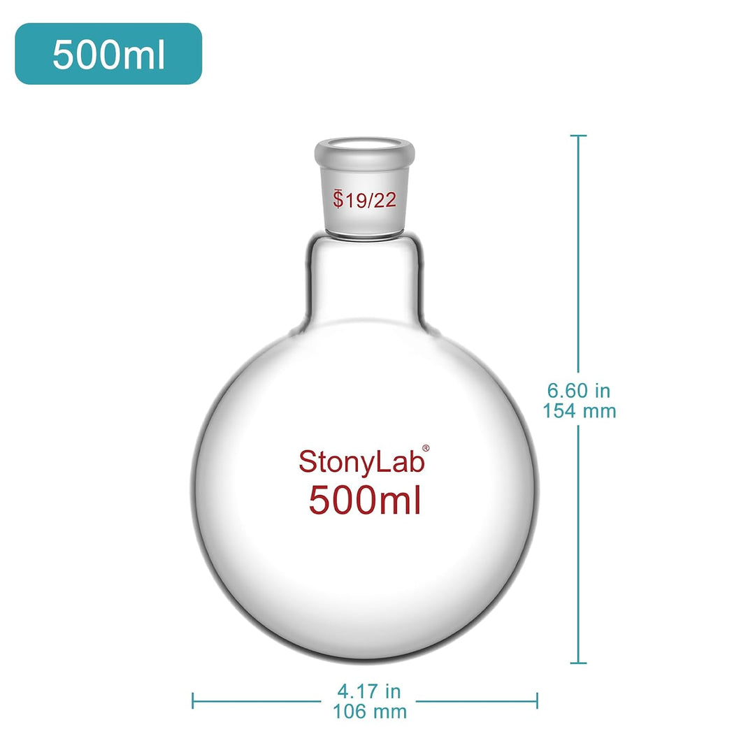 StonyLab 500ml Borosilikat Glas Einhalsrundkolben, Glas Einhals Rundkolben RBF mit 19/22 Standard Ta