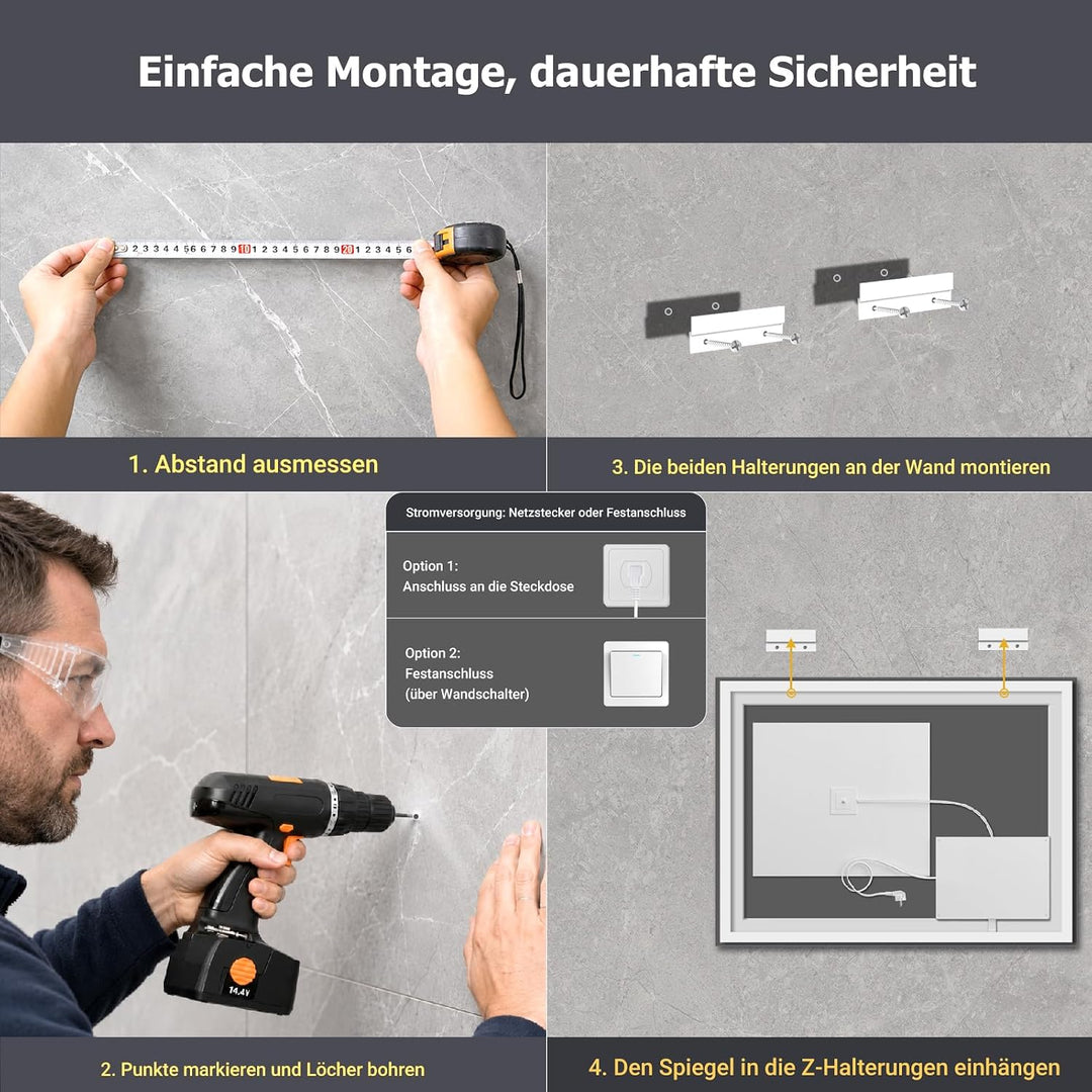 XRAMFY Badspiegel mit Beleuchtung 50x70cm mit Anti-Beschlag, IP65 Wassergeschützt, Spiegel mit Beleu
