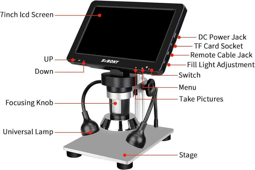 Svbony SV604 LCD Digitales Mikroskop, 7 Zoll Bildschirm 1-1200x 12MP Mikroskop mit 8 LED Aufhellleuc
