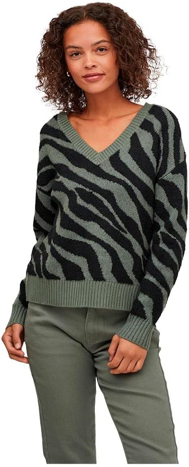 Vila Damen Viril Feami Mix V-Neck L/S Knit Top-noos Pullover XS Laurel Wreath/Pattern:with Black, XS
