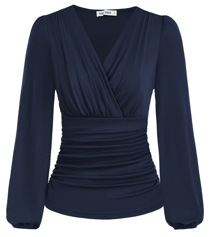 GRACE KARIN Damen V-Ausschnitt Bluse Elegant Wickelbluse Laterne Langarm Slim Fit Plissee-Top Tunika