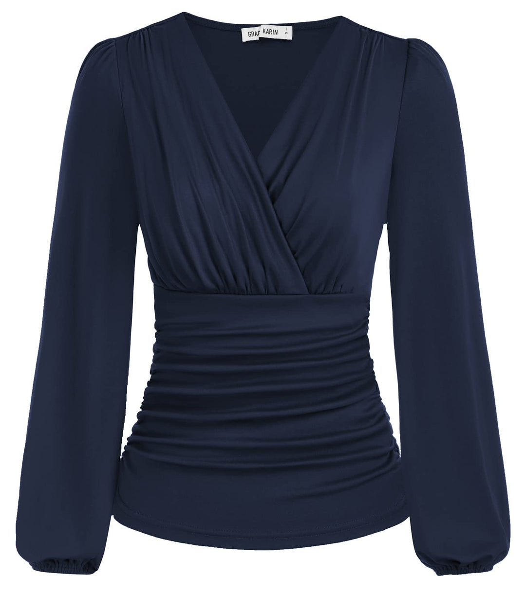 GRACE KARIN Damen V-Ausschnitt Bluse Elegant Wickelbluse Laterne Langarm Slim Fit Plissee-Top Tunika