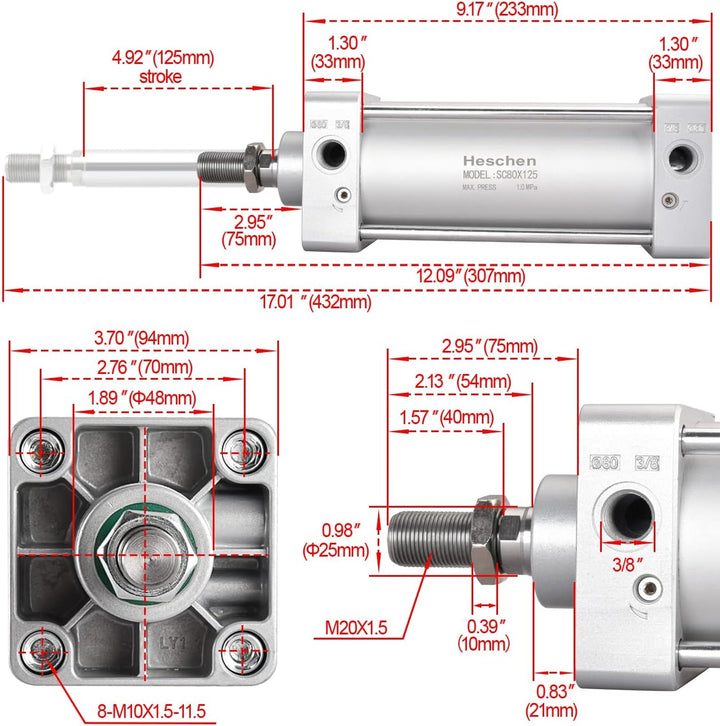 Heschen Pneumatischer Standard-Luftdruckzylinder, SC 80-125, PT3/8 Anschluss, 80mm Bohrung, 125mm Hu