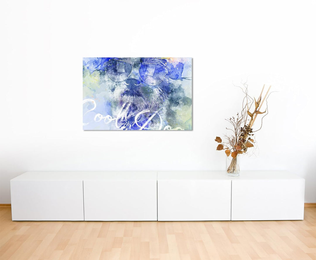 Paul Sinus Art Bild Leinwand 120x80cm Witziger Hund mit Sonnenbrille in Blautönen mit Kalligraphie,