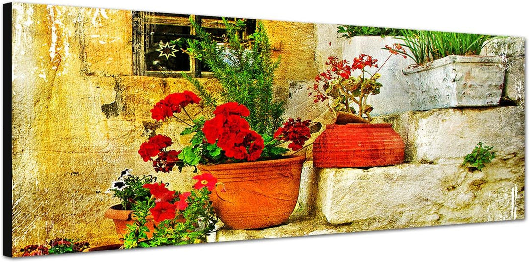 Paul Sinus Art Panoramabild auf Leinwand und Keilrahmen 150x50cm Steinhaus Treppe Blumen Griechenlan