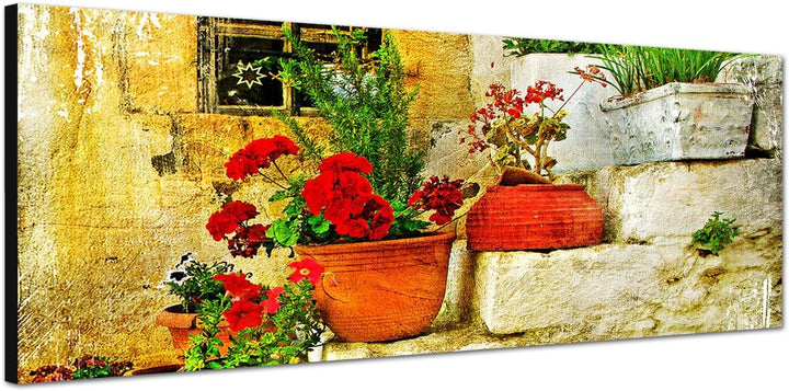 Paul Sinus Art Panoramabild auf Leinwand und Keilrahmen 120x40cm Steinhaus Treppe Blumen Griechenlan