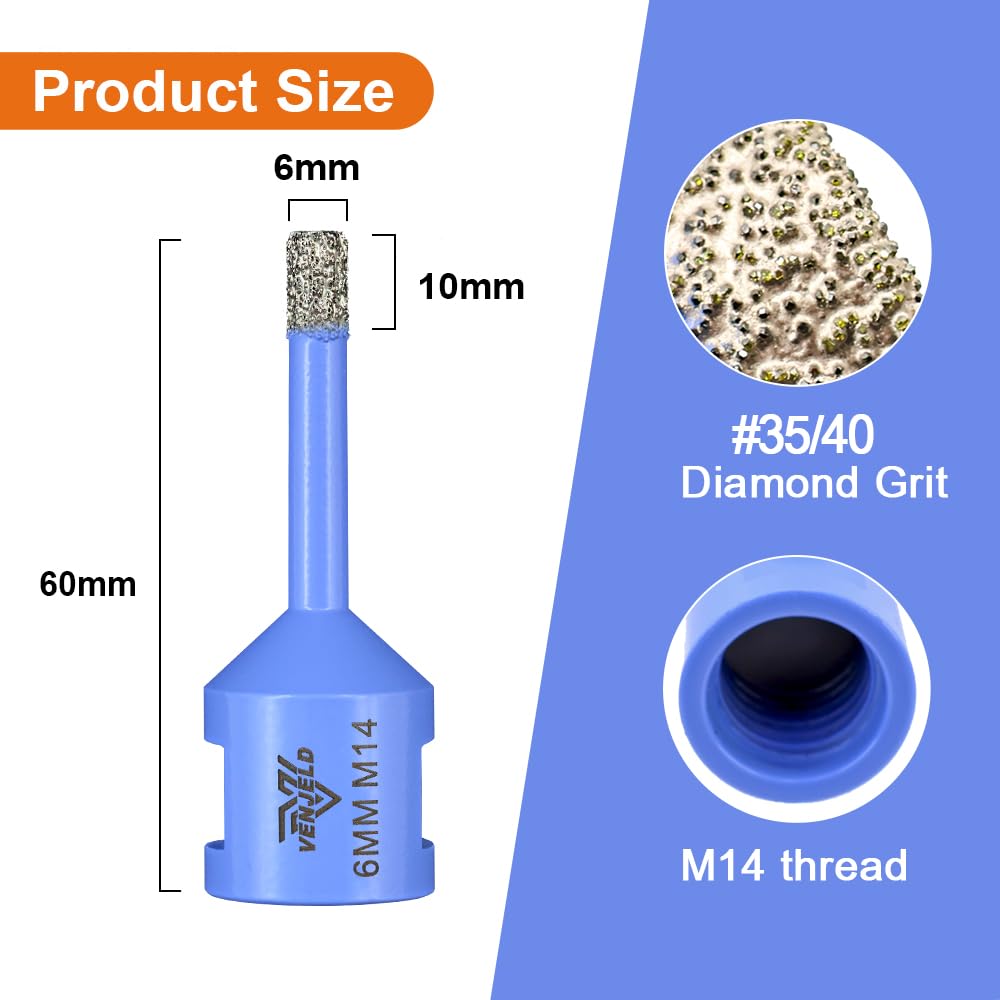 Diamantbohrer Fliesenbohrer 6mm - 5 Stücke Diamant Lochsäge M14 Gewinde, Trockenbohren für Keramik P