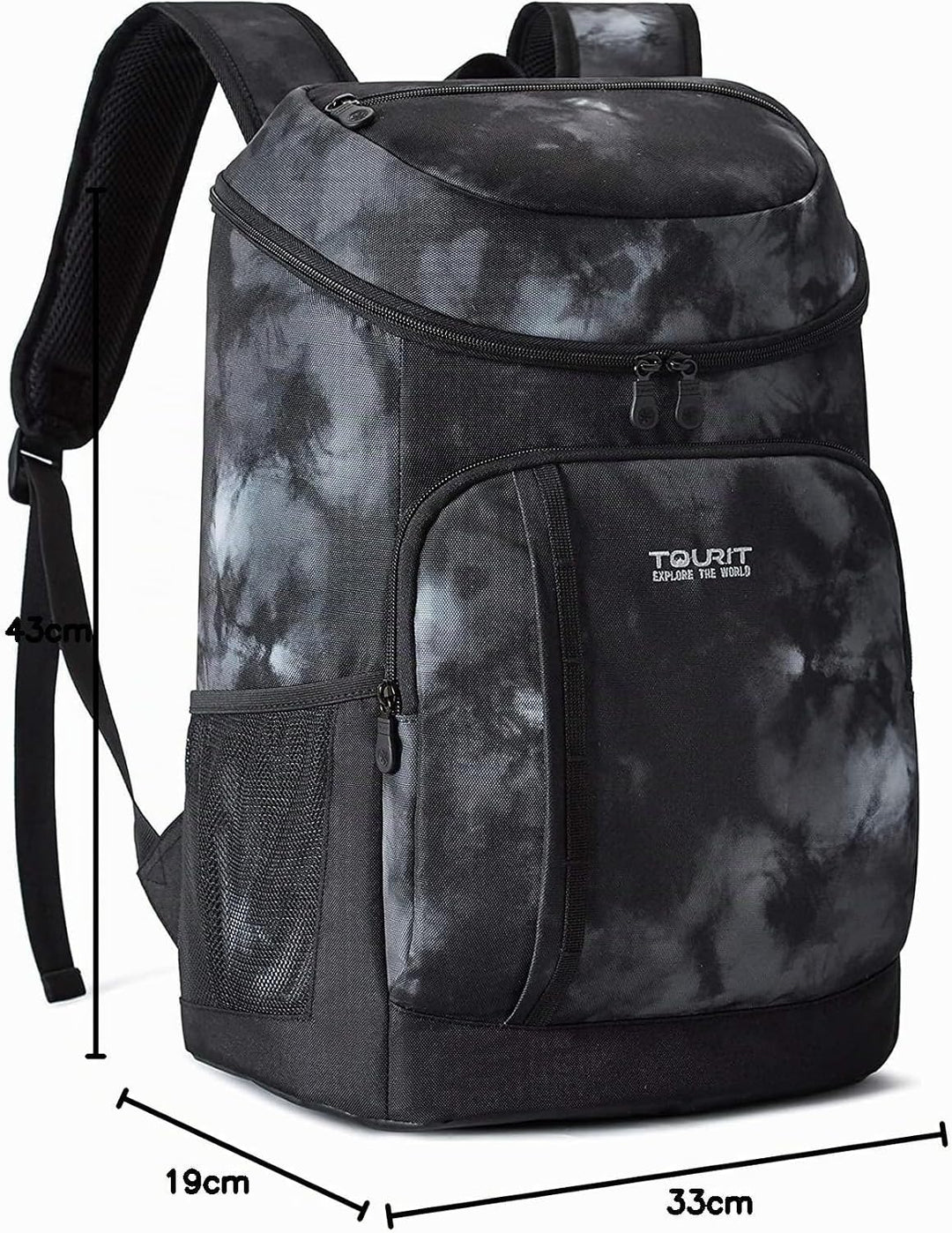 TOURIT Kühlrucksack Leichter Rucksack 28L mit Flaschenöffner Hält 30 Dosen Batik Schwarz, Batik Schw