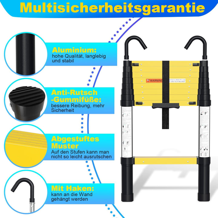Fiqops 3,8 M Teleskopleiter Mit einem klick schrumpfbar, Rutschfester Aluminium Stehleiter 150 kg/33