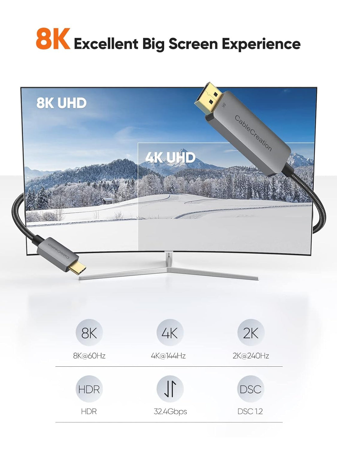 8K USB C auf DisplayPort Kabel 1.8 m, CableCreation Typ C (Thunderbolt 3) auf DP 1.4 Kabel, 32,4 Gbp