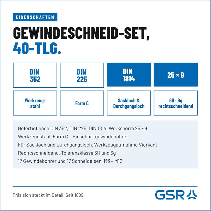 GSR Profi Hand-Gewindeschneider Set, 40-teilig, Gewindebohrer Set M3-M12, Mit Gewindebohrer &amp; Schnei