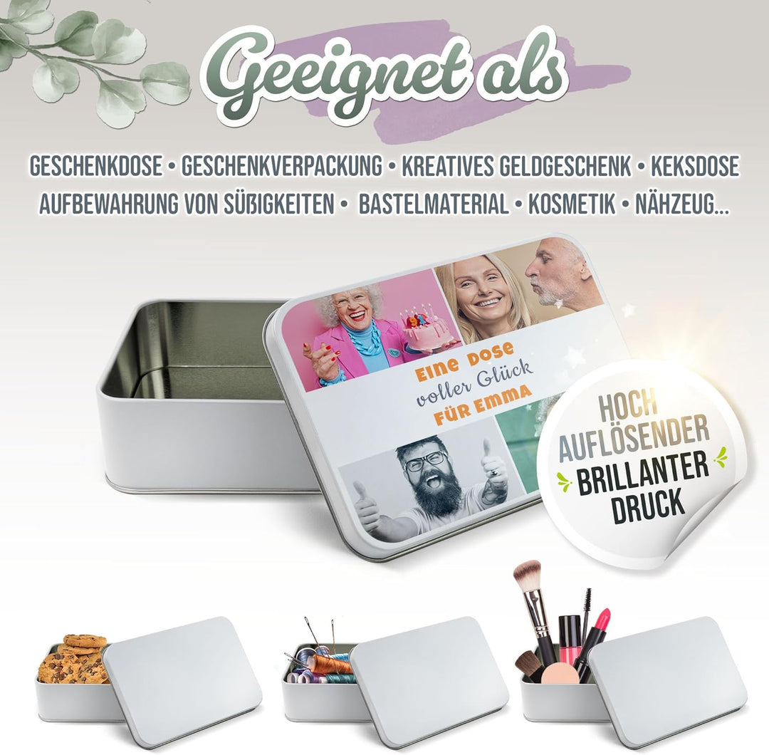 Print Royal PR Geschenkdose selbst gestalten mit 4 Fotos & 3 Zeilen Text - Blechdose bedrucken, Pers
