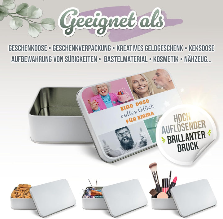 Print Royal PR Geschenkdose selbst gestalten mit 4 Fotos & 3 Zeilen Text - Blechdose bedrucken, Pers