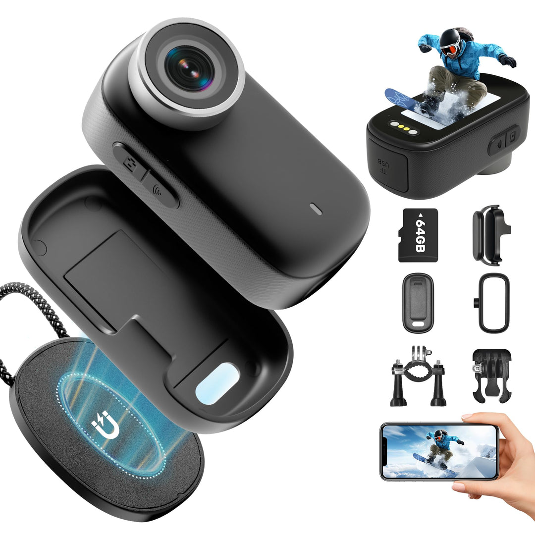 Action Cam 4K WiFi, Körperkamera Mini Bodycam 64GB, 150° Kleine Motorrad Sportkamera Helmkamera mit