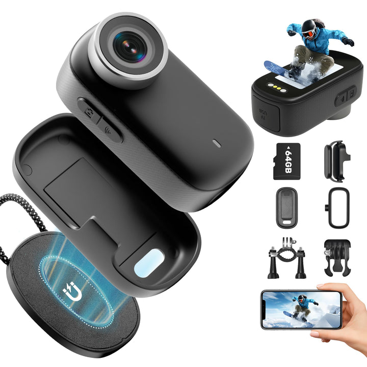 Action Cam 4K WiFi, Körperkamera Mini Bodycam 64GB, 150° Kleine Motorrad Sportkamera Helmkamera mit