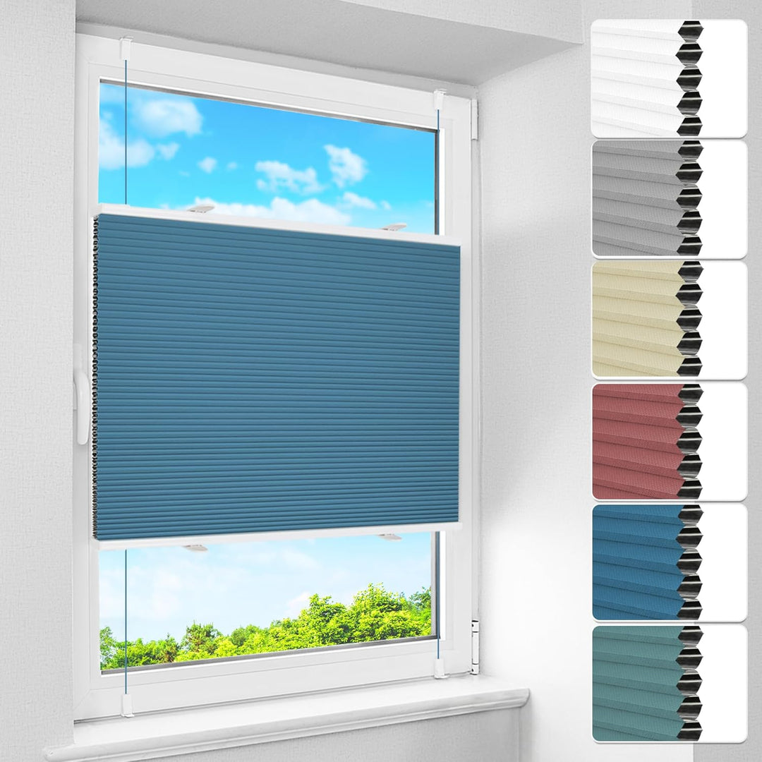 BelleMax Wabenplissee ohne Bohren Verdunkelung Thermo Plissee Klemmfix, Blau-weiss 50x110 cm (BxH),