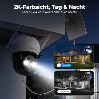 Codnida Überwachungskamera Aussen Akku Solar,360° Kamera Überwachung Aussen,Kabellos WLAN Kamera Out
