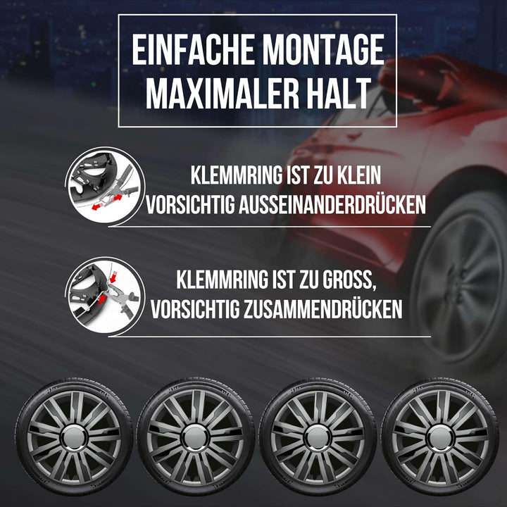 Albrecht 16 Zoll Radkappen schwarz/grau für Stahlfelgen - Mirage Radzierblenden aus hochwertigem Kun