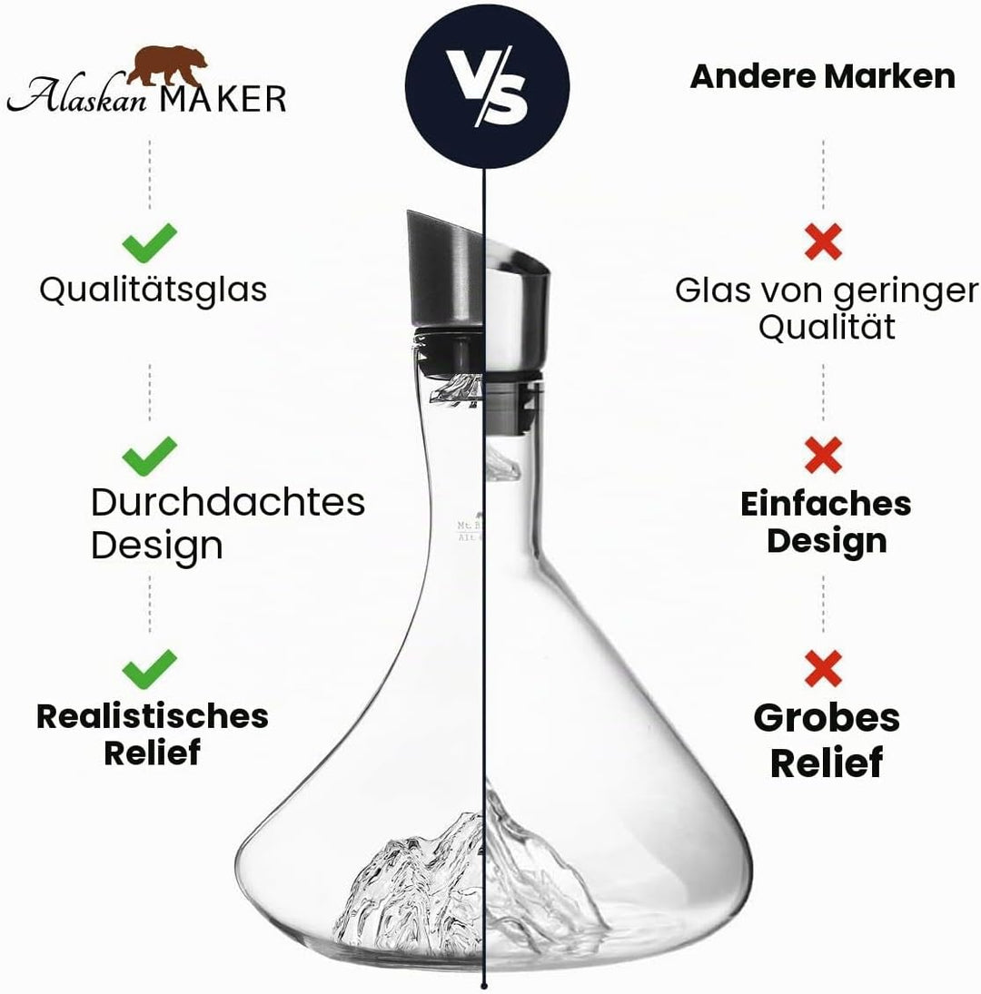 Weindekanter, 1,8 l, hochwertiges Kristallglas, handgeblasen, mit geprägten Bergen, 3-in-1 Verschlus