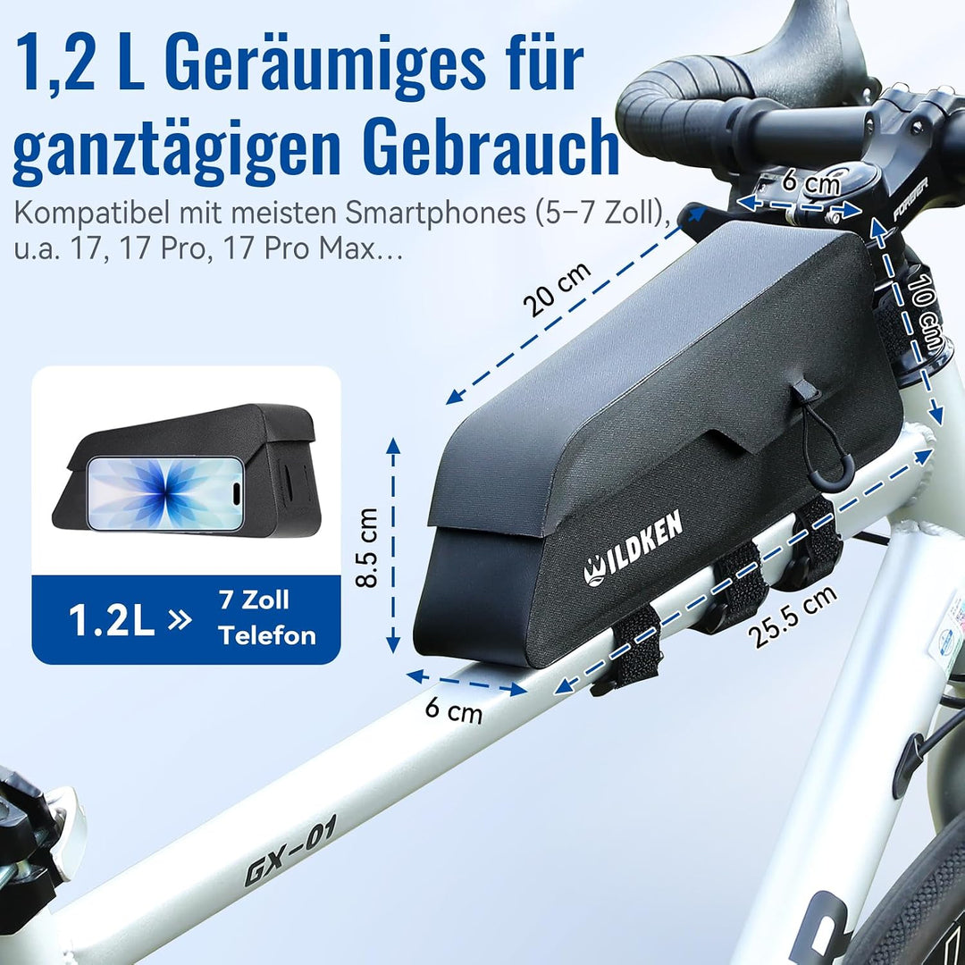 Wildken 1.2L Oberrohrtasche Fahrrad Schraubbar, Rahmentasche Fahrrad Wasserdicht mit Magnetischer Kl