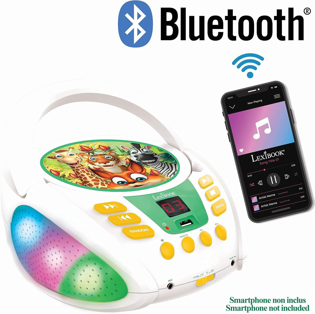 Lexibook RCD109ANX Dschungeltieren-Bluetooth-CD-Player für Kinder-Tragbar, Lichteffekte, Mikrofonbuc