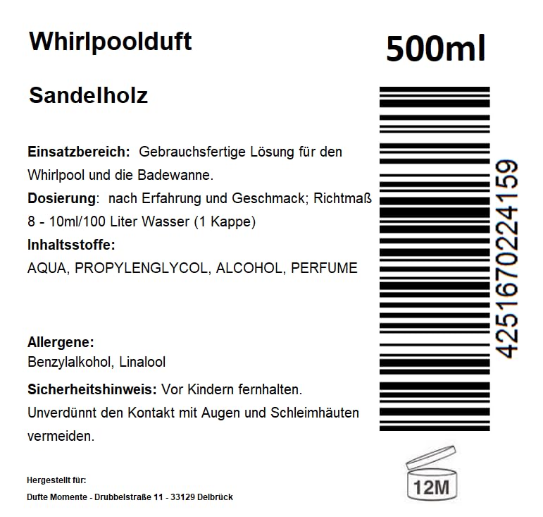 Dufte Momente | Whirlpool Duft Sandelholz 500ml | mit naturreinen und natürlichen ätherischen Ölen |