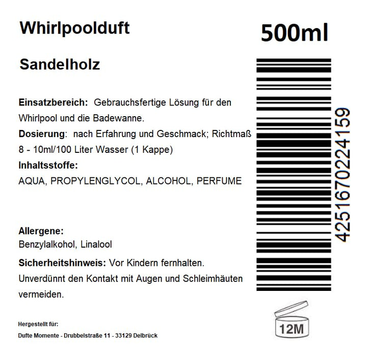 Dufte Momente | Whirlpool Duft Sandelholz 500ml | mit naturreinen und natürlichen ätherischen Ölen |
