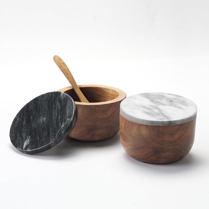 Holz Salz Box Gewürzdose Gewürzbehälter Massiv Natur Akazie Boden Marmor Deckel Elegant Design Deko