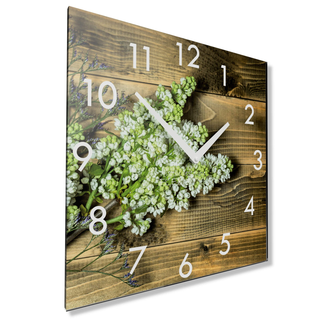 FLEXISTYLE Wanduhr küche Wohnzimmer 30 x 30 cm, aus Glas, mit Direktdruck eckig modern (Fliederbund)