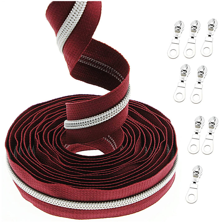 #5 Metallic Nylonspulen-Reissverschlüsse Meterware 10 Yards wein rotes Klebeband mit 25 Stück Silber
