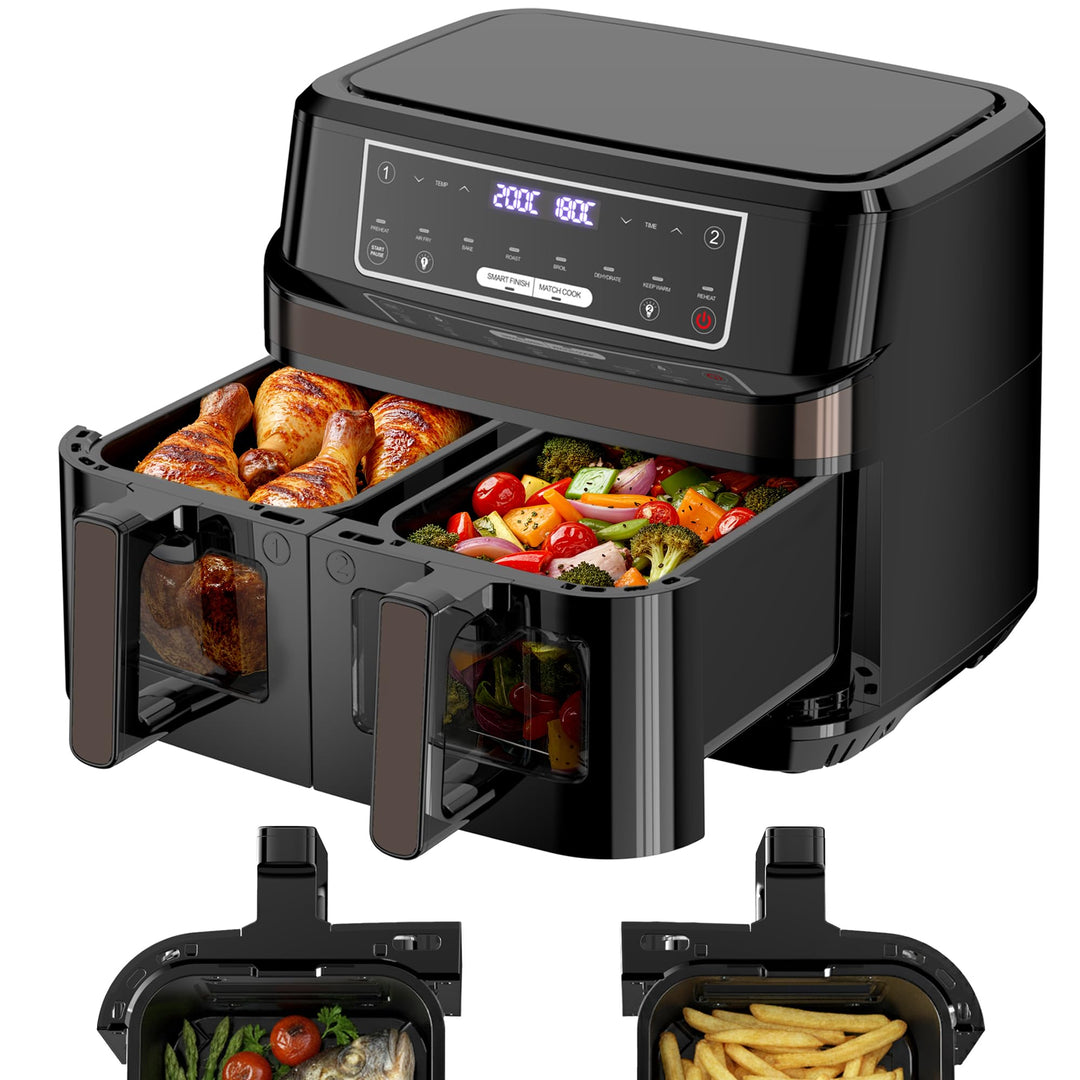 Heissluftfritteuse 2 Kammern | 10L Airfryer mit Sichtfenster Zweizonen Temperatur Separat Regeln, 8-