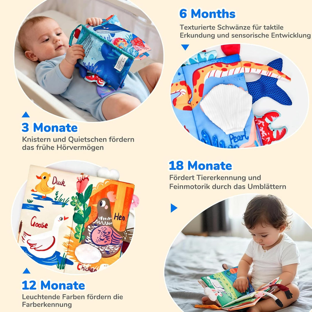 JoyCat Baby Spielzeug ab 0 3 6 Monate, 2 Stück Babybuch Stoffbuch, Bauernhof &amp; Ozean Fühlbuch Kniste