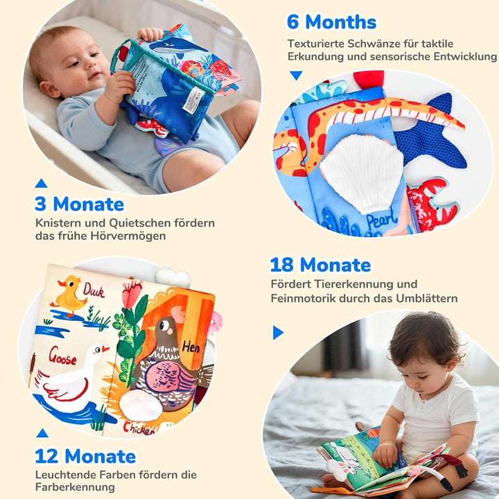 JoyCat Baby Spielzeug ab 0 3 6 Monate, 2 Stück Babybuch Stoffbuch, Bauernhof &amp; Ozean Fühlbuch Kniste