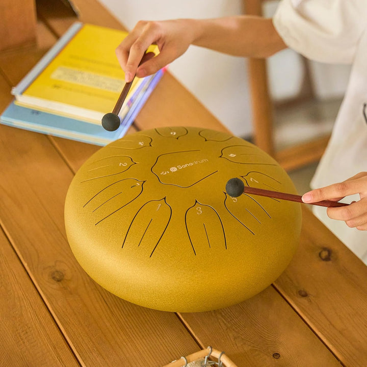 Sonodrum Zungentrommel "Standard 30cm D-Dur" in Gold - Tongue Drum inkl. Schlägel, gratis Liederbuch
