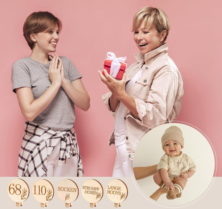 HOUISM Grössentrenner Baby & Kleider Organizer aus Holz | 27 Stück Grössenclips mit Gravur (50-122)