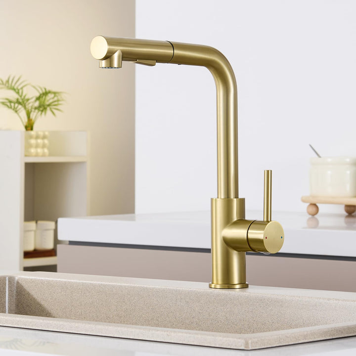 CECIPA Wasserhahn Küche Gold, Ausziehbare Küchenarmatur, Armatur Küche mit Sprühkopf und zwei Sprühm