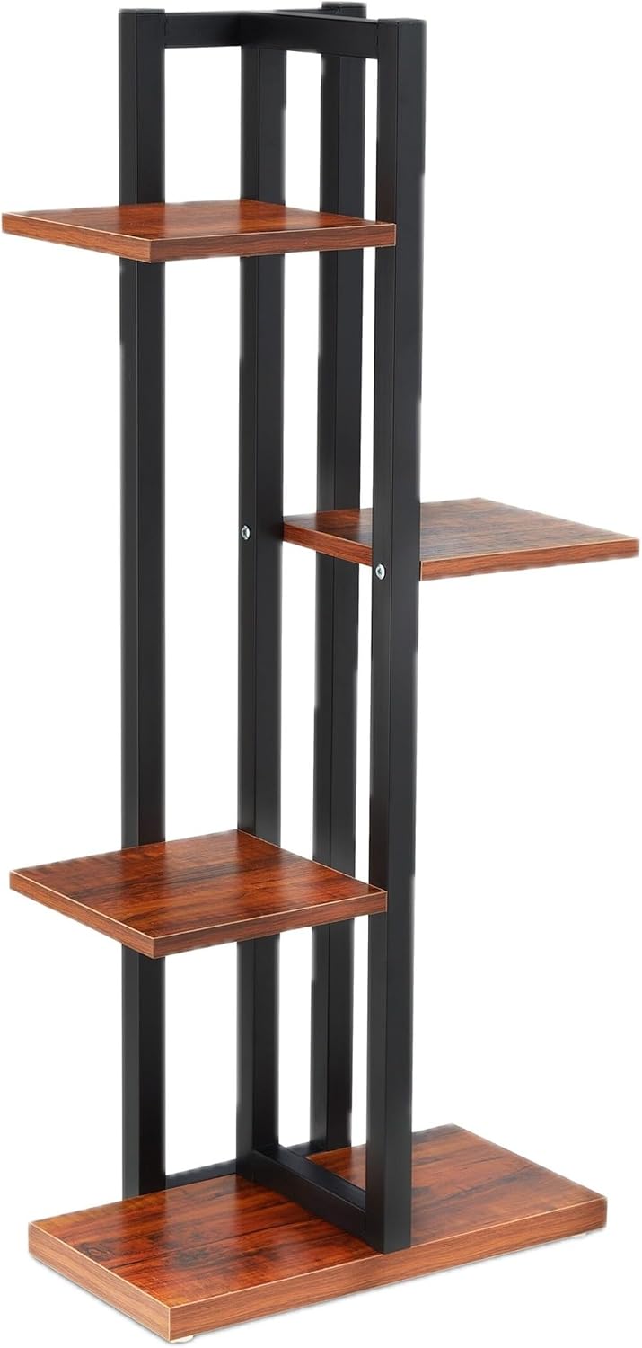 Relaxdays Blumenregal Metall, 4-stufige Indoor Blumentreppe, Holzoptik, HBT: 93x42,5x22,5 cm, Pflanz