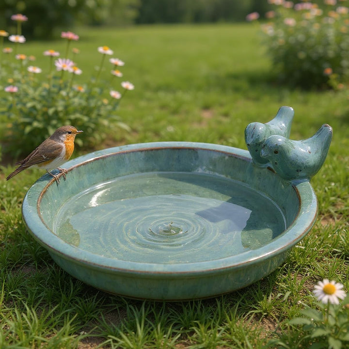 Vogeltränke Oasis aus glasierter Keramik, Ø 30 cm | mit Deko-Vögeln, Winterfest, Farbenfrohe Gartend