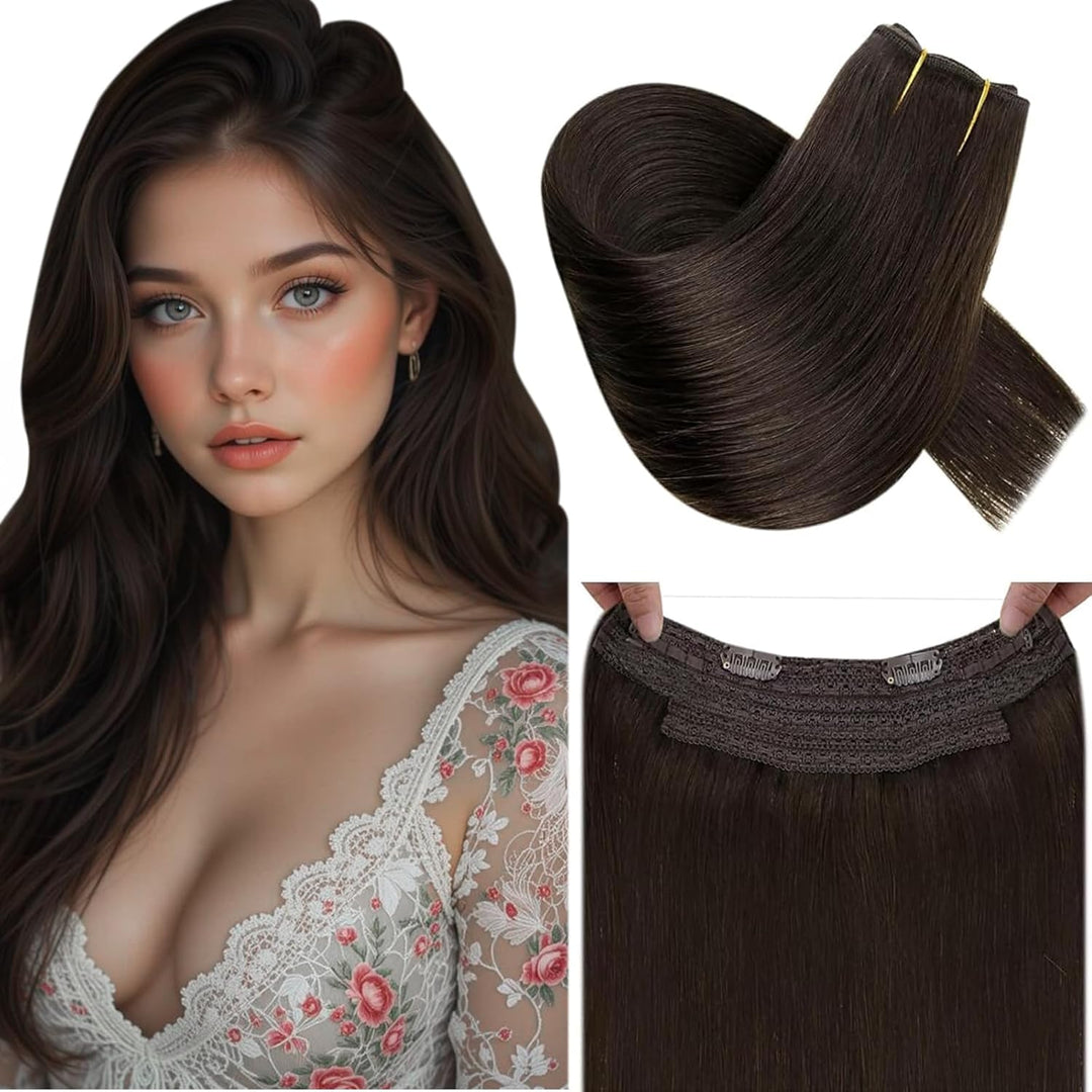 RUNATURE Remy Haarverlangerung mit Draht Extensions Echthaar mit Draht Hair Farbe Dunkelbraun 16 Zol