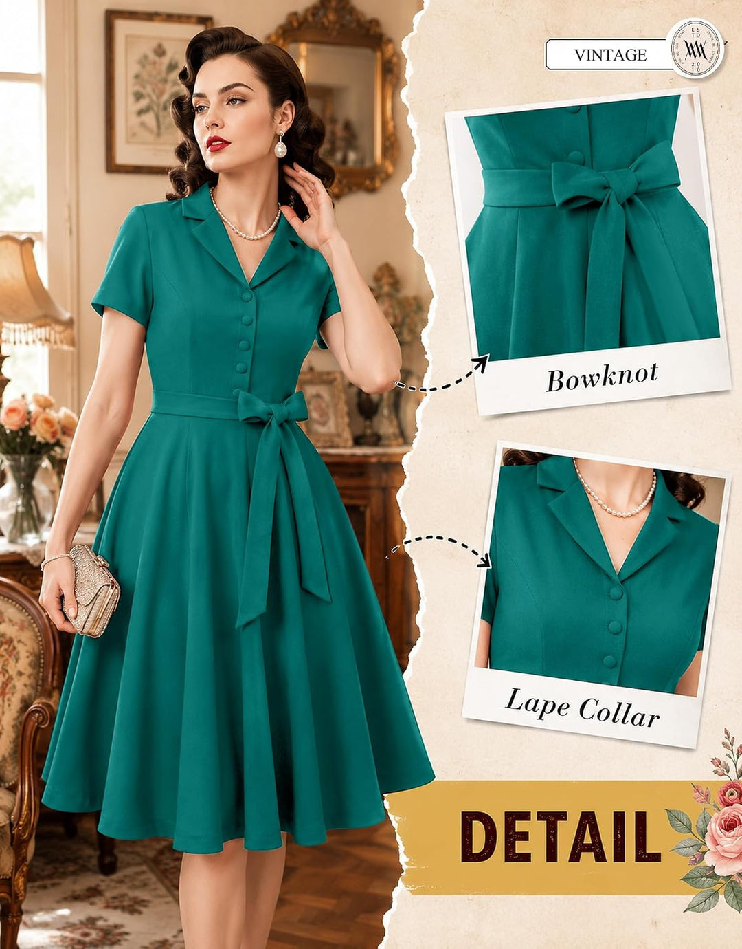 Wedtrend Vintage Cocktailkleid Damen A Linie Midilang V-Ausschnitt Abendkleid Elegant Freizeitkleide